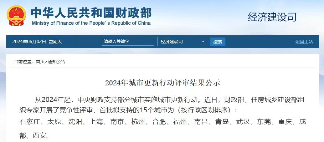 2024年城市更新行動評審結果已公示，全國15座試點城市，新的基建項目要火速開展了！